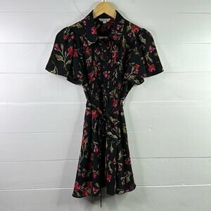NANETTE LEPORE Black Red Pink Floral Button Up Short Sleeve Knee Length Dress 2